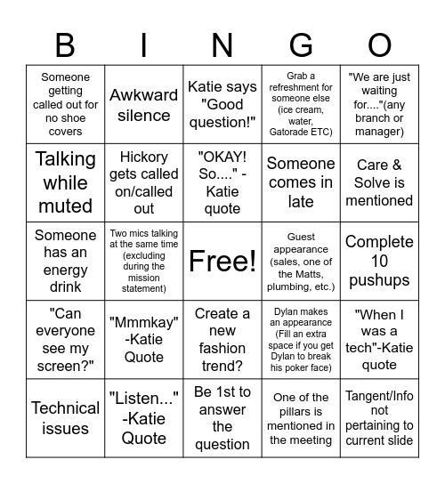 SERVICE MEETING BINGO Card