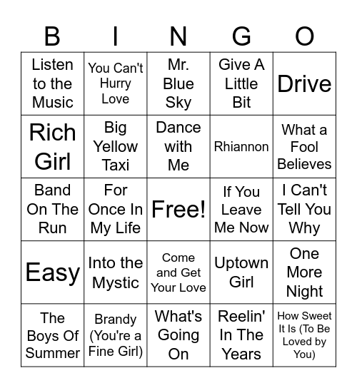 Slow Ride Bingo Card