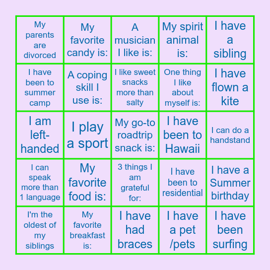 GET TO KNOW ME Bingo Card