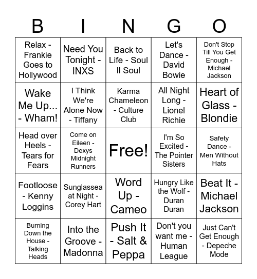 80s Dance Hits Bingo Card