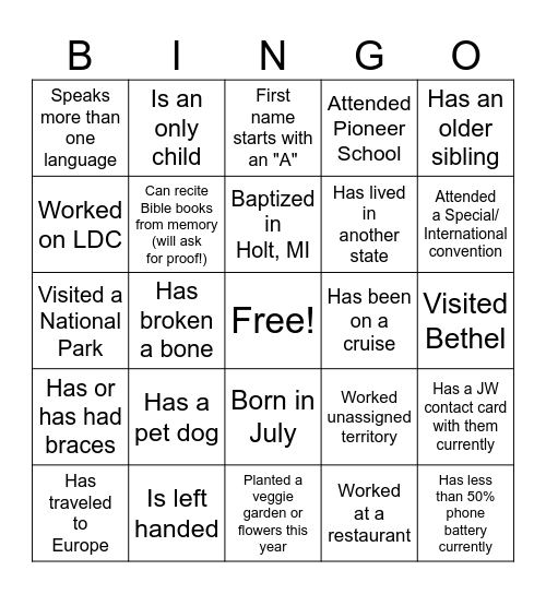 Summer Fun Day Bingo Card