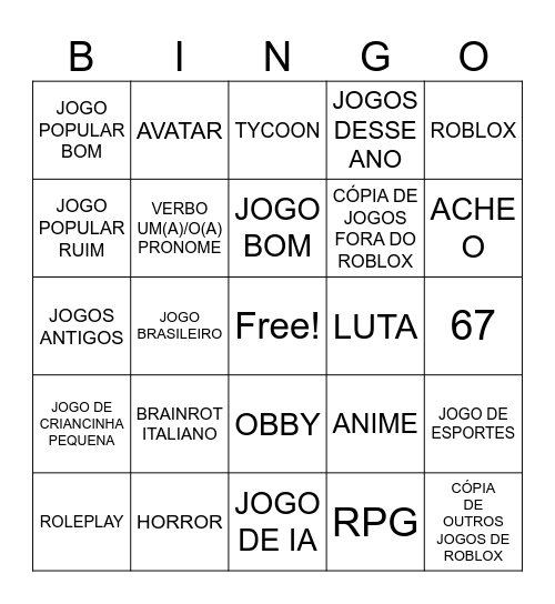 BINGO JOGOS ROBLOX Bingo Card