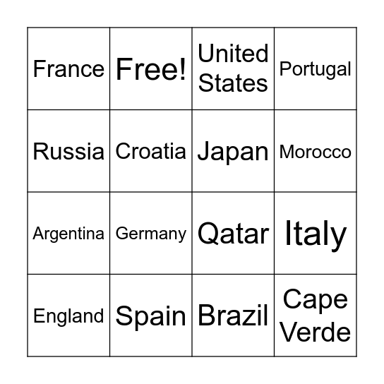 World Cup Bingo Card