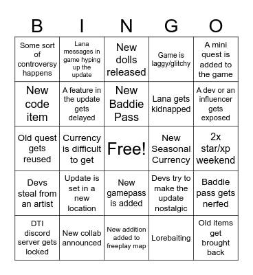 DTI Update Bingo Card Bingo Card