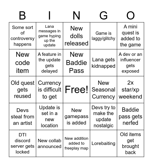 DTI Update Bingo Card Bingo Card