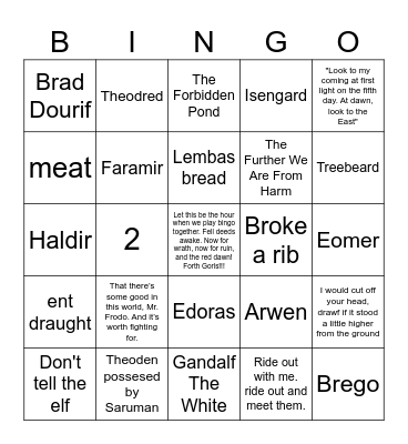 The Two Towers Trivia Bingo Card