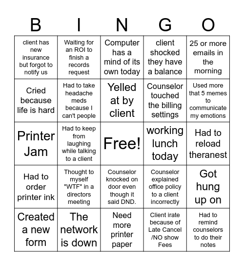 Office Manager Bingo Card