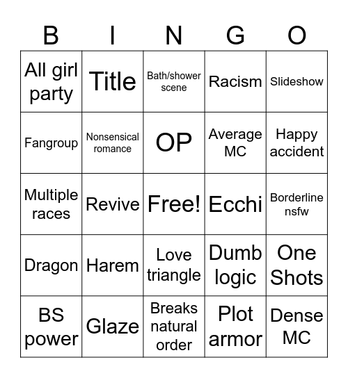 Bad Anime Bingo Card