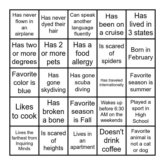 Coworker Team Building Bingo Card