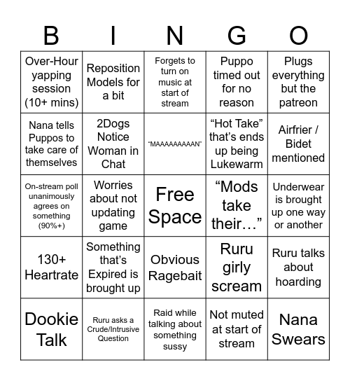 2Dogs Stream Bingo Card
