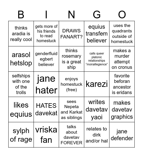 fox reads homestuck Bingo Card