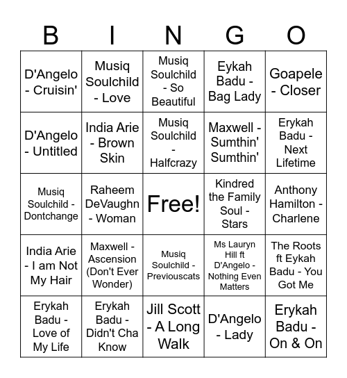 R&Bingo: Neo Soul Bangers Bingo Card