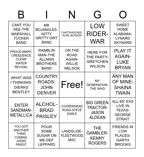 COUNTRY & ROCK 1.0 Bingo Card