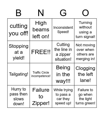 Road Rage Bingo Card