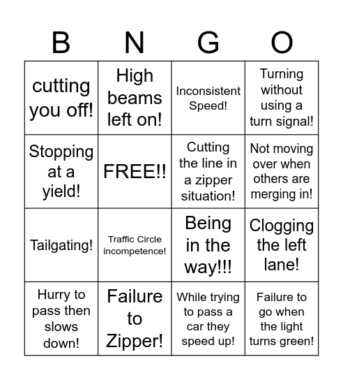 Road Rage Bingo Card