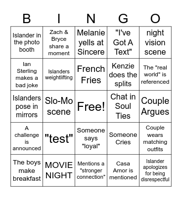 Love Island Season 8 Bingo Card