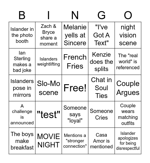 Love Island Season 8 Bingo Card