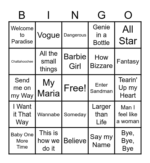 90's Hits Bingo Card