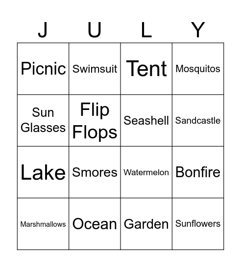 Summer Words Bingo Card