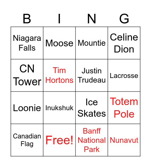 Happy Canada Day Bingo Card