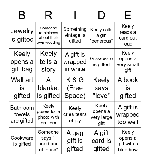 BRIDAL SHOWER BINGO Card
