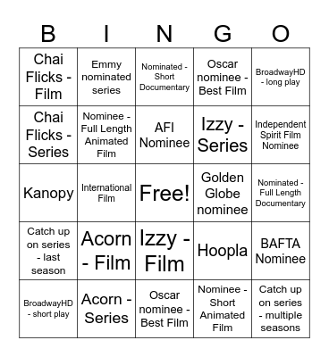 Movie/TV Bingo 2027 Bingo Card