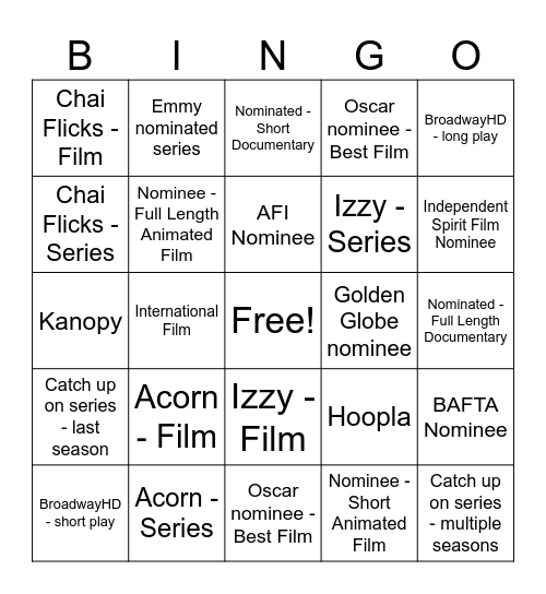 Movie/TV Bingo 2027 Bingo Card