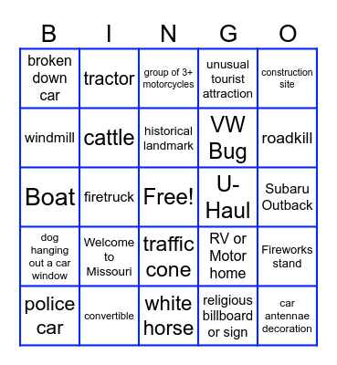Bus Trip Bingo Card
