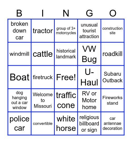 Bus Trip Bingo Card