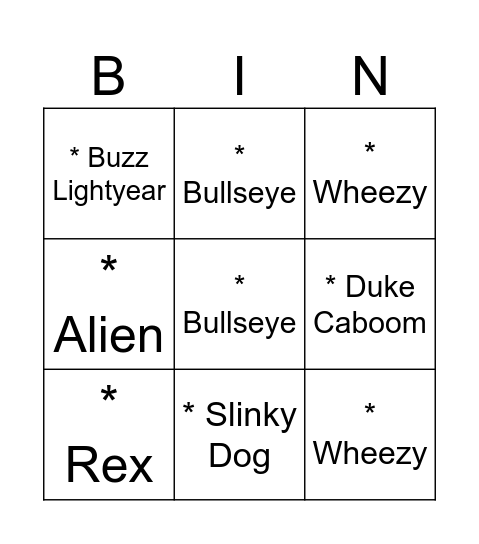 Toy Story Bingo Card