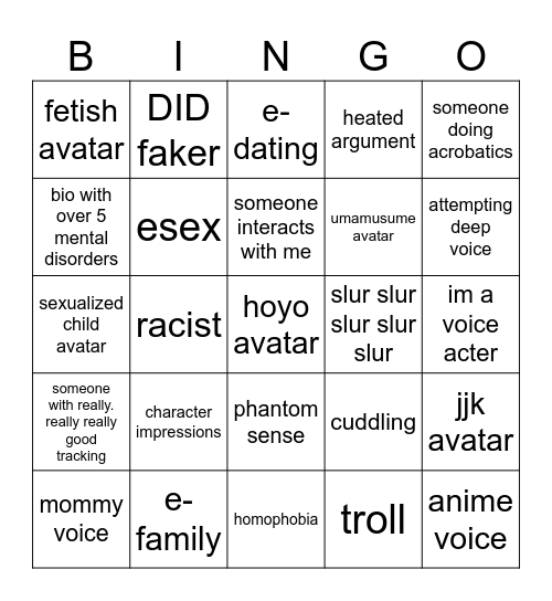 vrchat Bingo Card