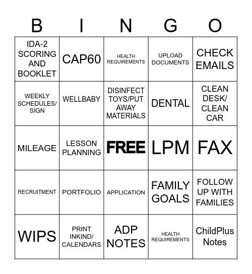 Early Head Start 2026-2027 Bingo Card