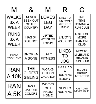 Miles and Melanin Run Club Bingo Card