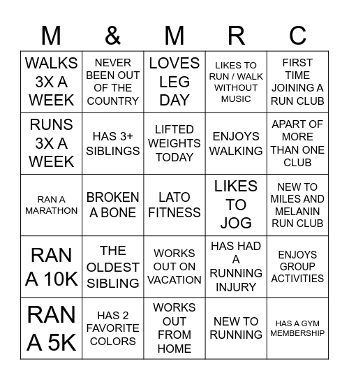 Miles and Melanin Run Club Bingo Card