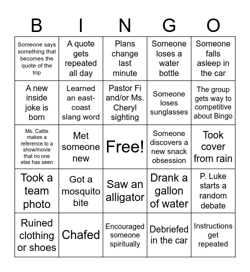 Natives Trip Bingo Card