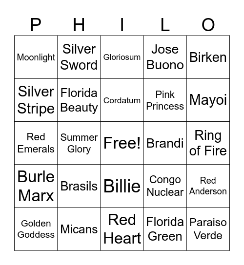 Philodendron Bingo Card