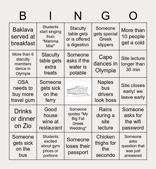 Greece Trip Bingo (Opa!) Bingo Card