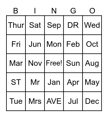 Spelling Bingo Card