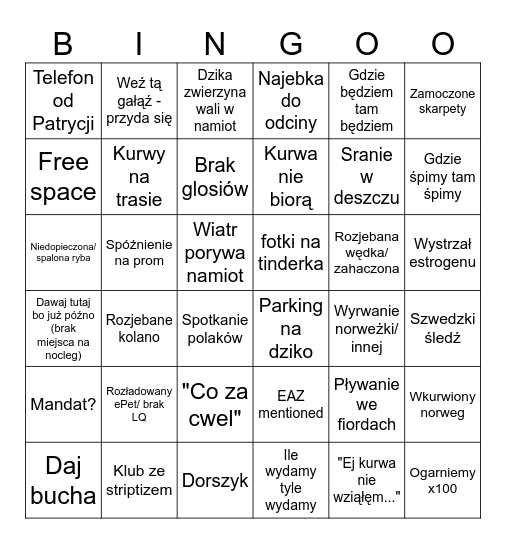 Luźny Fjord bingo Card