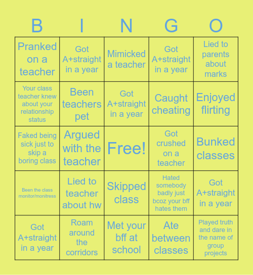 School Memories Bingo Card