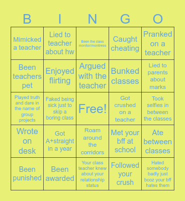 School Memories Bingo Card