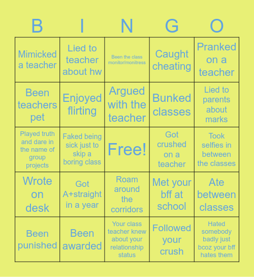School Memories Bingo Card