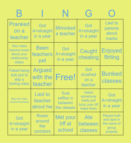 School Memories Bingo Card