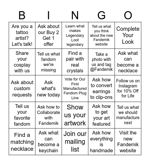 Dream Con Bingo Card