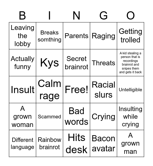 People crashing out over steal a brainrot Bingo Card