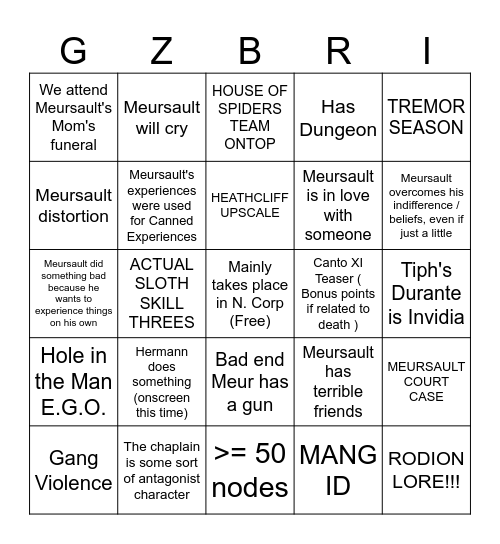 Canto X Bingo Card