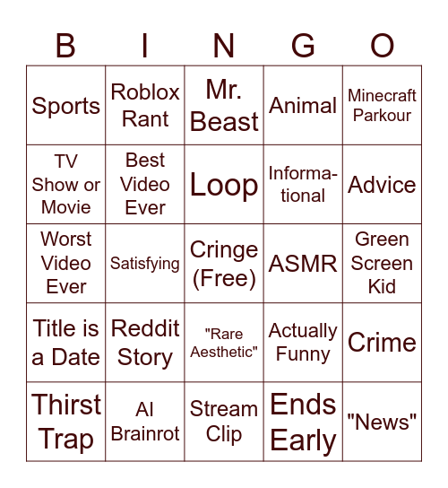 Youtube Shorts Bingo Card