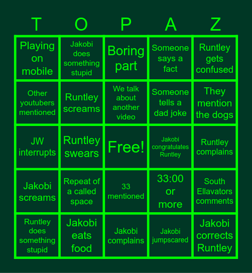 The Topaz Family Bingo! Bingo Card