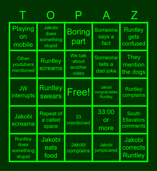 The Topaz Family Bingo! Bingo Card