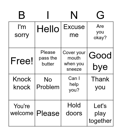 manners Bingo Card